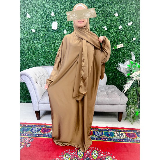 satin gold prayer dress with integrated hijab